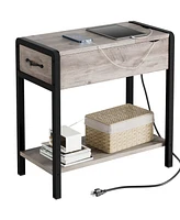 gaomon End Table with Usb Ports and Outlets, Flip Top Side Table Narrow Bedside Table with Drawer and Storage Shelves for Living Room, Rustic Grey