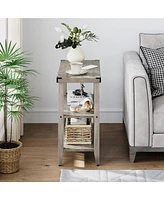 gaomon Grey Farmhouse End Table, 3 Tier Rustic Side Table, Narrow Sofa Table Set of 2 with Ample Storage Shelf, Rectangular Nightstand with Metal Corn