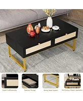 gaomon 46"" Rattan Coffee Table - Mid-Century Modern Design, Metal Frame, 2 Drawers for Storage