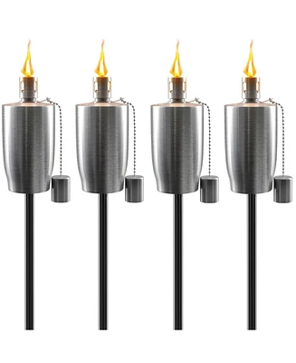 Sorbus 4 Pack Stainless Steel 5ft Outdoor Torches - Decorative Garden & Yard Lights Fiberglass Wick Snuffer Cap Silver