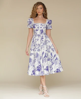 Avec Les Filles Women's Floral-Print Smocked Puffed-Shoulder Dress