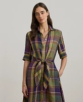 Lauren Ralph Women's Plaid Tie-Front Linen Shirtdress