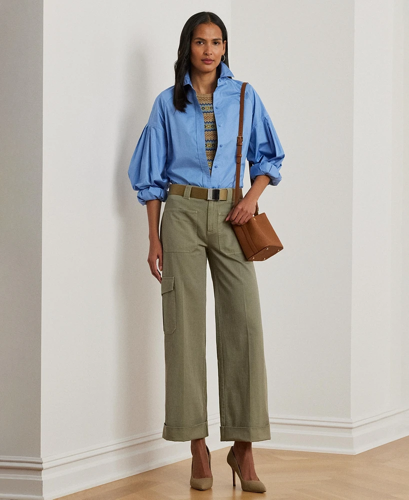 Lauren Ralph Women's Pleated Cotton Twill Wide-Leg Cargo Pants, Regular & Petite