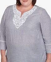 Alfred Dunner Plus Classic Embroidered Split Neck Striped Top