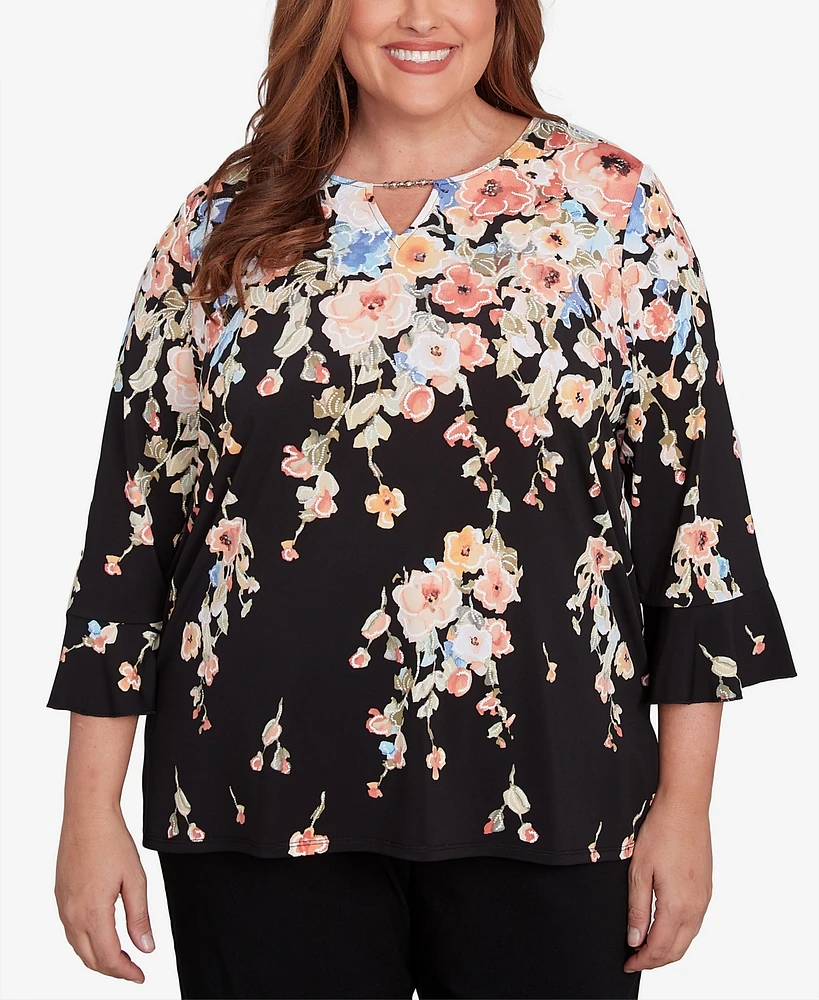 Alfred Dunner Plus Classic Falling Flower Beaded Split Neck Top