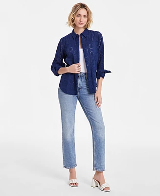 Women's Solid Eyelet Button-Up Shirt, Created for Macy's