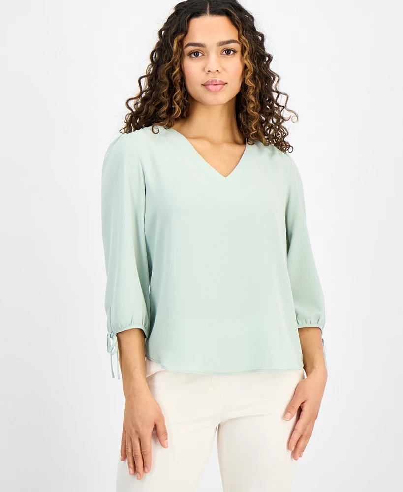 Ak Anne Klein Petite V-Neck Tie-Sleeve Top