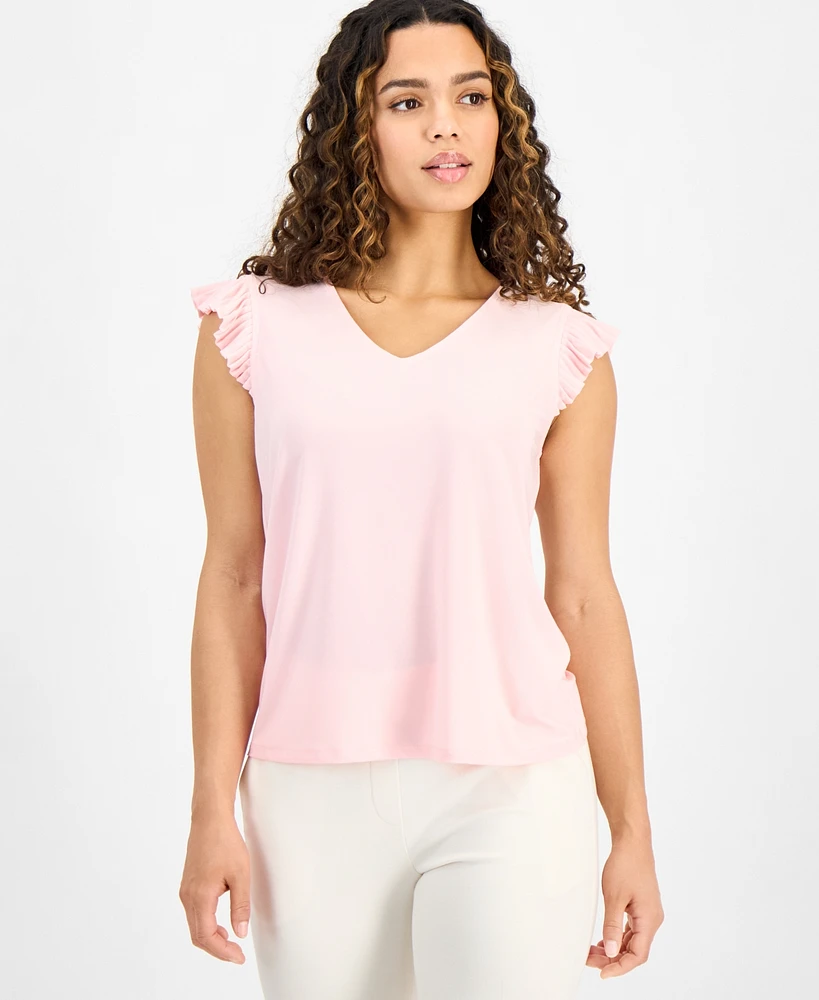 Ak Anne Klein Petite Pleated Flutter-Sleeve V-Neck Top