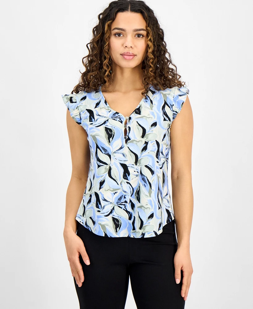 Ak Anne Klein Petite Printed Ruffle-Sleeve Top