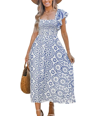 Cupshe Women's Blue Ornate Square Neck Midi Beach Dress