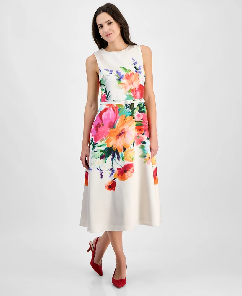 julia jordan Women's Floral-Print Belted Sleeveless Midi Dress