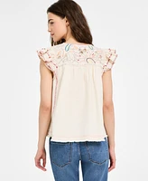 Liverpool Los Angeles Women's Flutter-Sleeve V-Neck Embroidered Blouse
