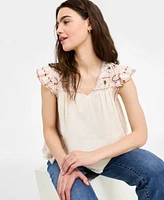 Liverpool Los Angeles Womens Flutter Sleeve V Neck Embroidered Blouse Kennedy Cropped Straight Leg Denim Jeans