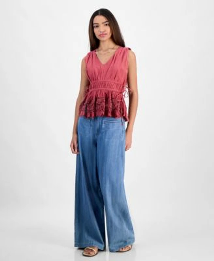 Lucky Brand Womens Sleeveless Ruched Side Tie Top Wide Leg Palazzo Jeans
