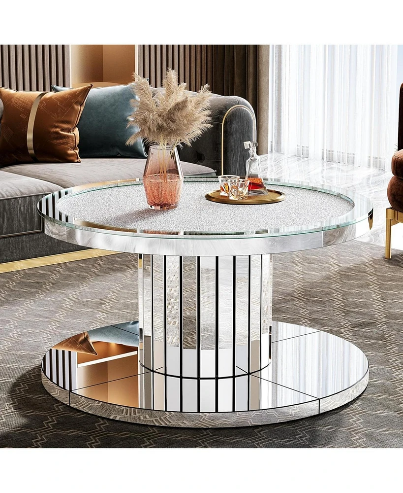 Tribesigns Mirrored Coffee Table, 29.5" Round Living Room Table, Modern 2-Tier Silver Coffee Table Center Table for Living Room