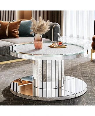 Tribesigns Mirrored Coffee Table, 29.5" Round Living Room Table, Modern 2-Tier Silver Coffee Table Center Table for Living Room