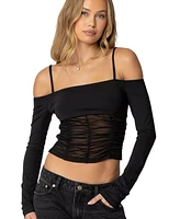 Edikted Womens Susie Off Shoulder Mesh Top