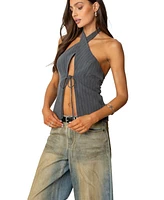 Edikted Womens Split Front Pinstripe Halter Top