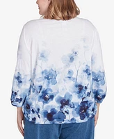 Alfred Dunner Plus Classic Floral Border Ruched Sleeves Henley Top