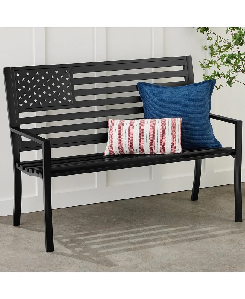 Best Choice Products Indoor Outdoor Steel Garden Bench w/ American Flag Backrest, 790lb Capacity