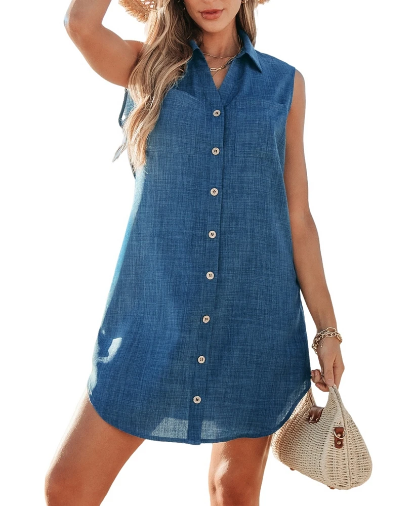 Cupshe Women's Indigo Sleeveless Collared Cover-Up Mini Beach Dress