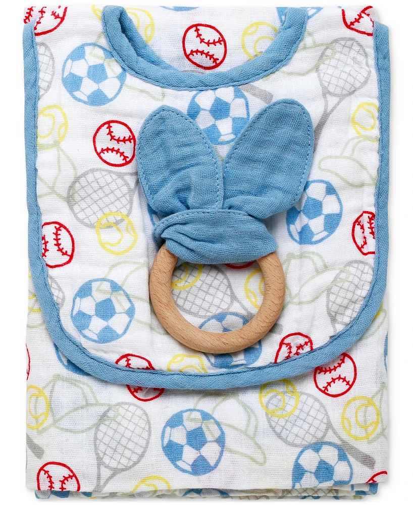 Little Me Baby Boys 3-Pc. Sports themed Muslin Blanket, Bib, and Ring Set