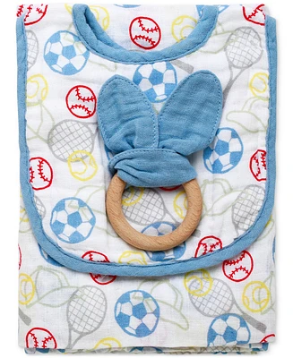 Little Me Baby Boys 3-Pc. Sports themed Muslin Blanket, Bib, and Ring Set