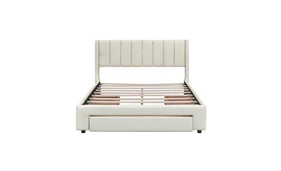 Slickblue Upholstered Platform Bed with Footboard Drawer and Side Storage – Perfect for Small Spaces