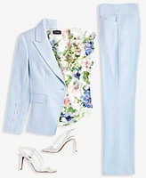 Tahari Asl Womens One Button Twill Blazer Floral Top Flare Leg Pants