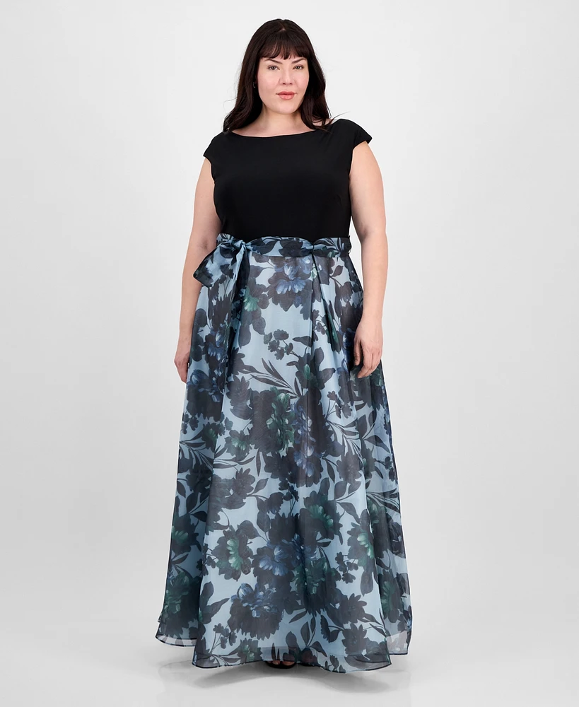 Sl Fashions Plus Tie-Front Printed Organza Ballgown