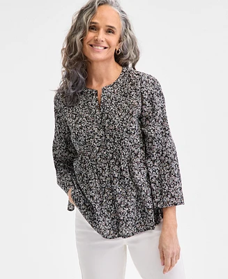 Style & Co Women's Cotton Printed Pintuck Top, Exclusively at Macy's