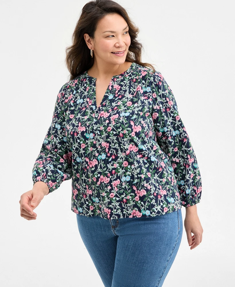 Style & Co Plus Floral-Print Gauze Popover Top, Exclusively at Macy's