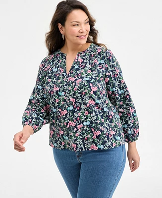 Style & Co Plus Floral-Print Gauze Popover Top, Exclusively at Macy's
