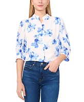 CeCe Women's Printed Open-Collar Elbow-Sleeve Top