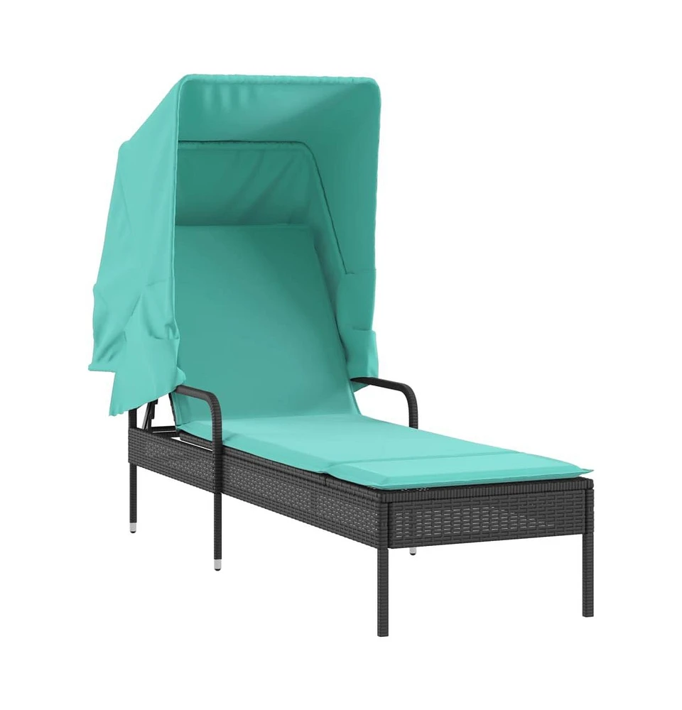 Sun Lounger with Canopy Black Poly Rattan