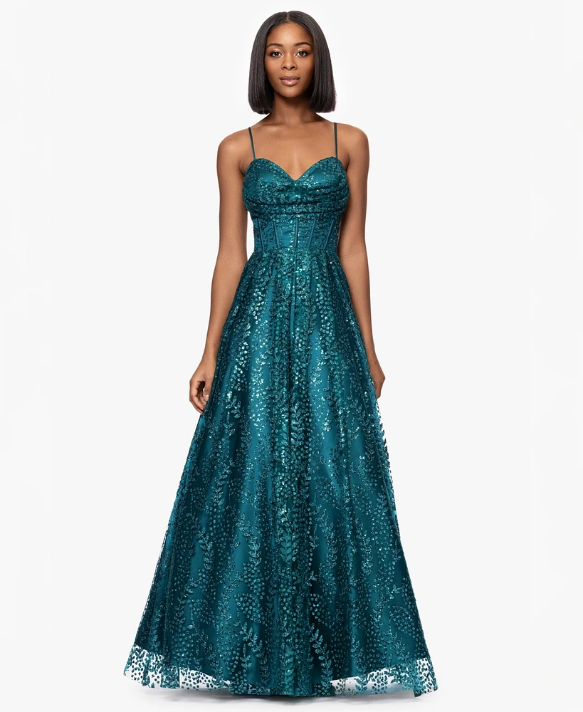 Blondie Nites Juniors' Glitter-Dot Draped-Neck Gown