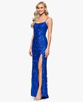 Blondie Nites Juniors' Sequin-Rose Side-Slit Gown