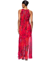 Betsy & Adam Petite Printed Ruffled Halter Gown