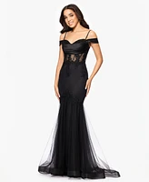 Blondie Nites Juniors' Glitter-Mesh Illusion-Corset Gown