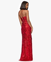 Blondie Nites Juniors' Sequin V-Neck Side-Slit Gown