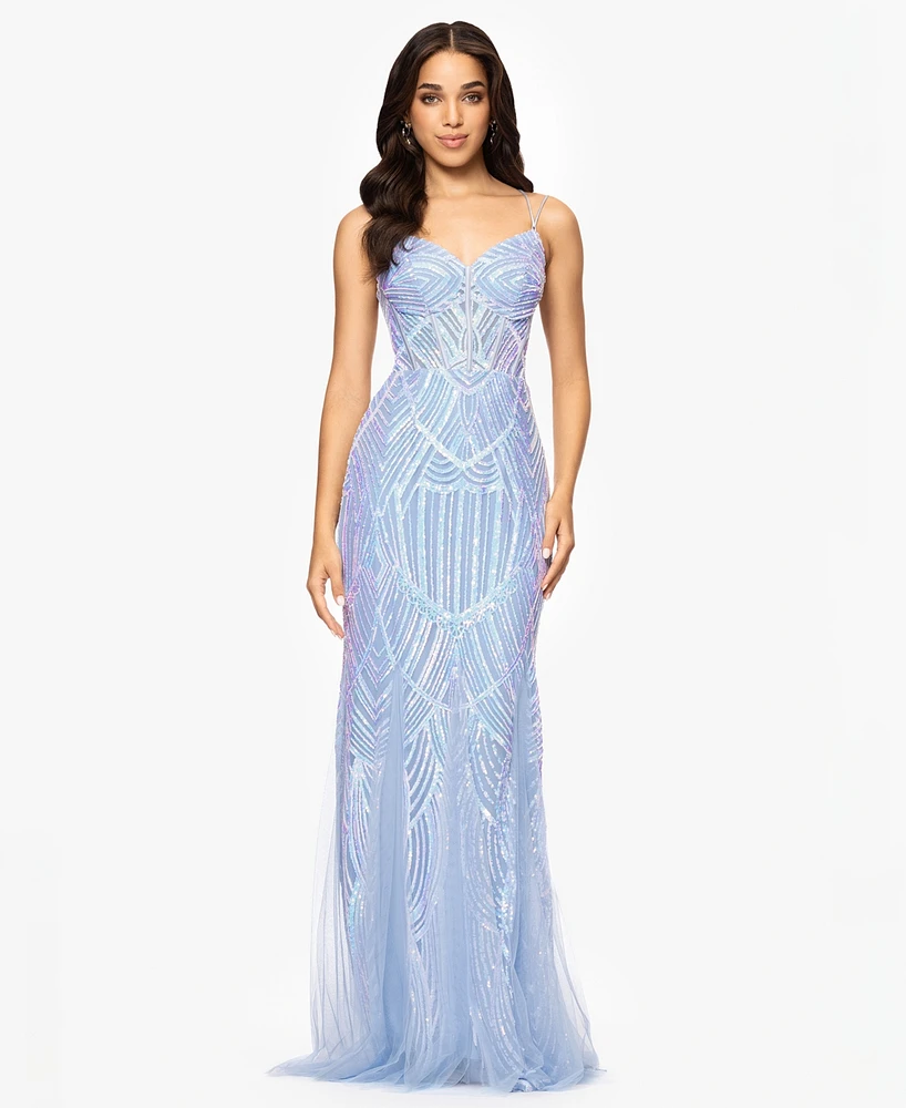 Blondie Nites Juniors' Sequin-Mesh Floor-Sweeping Gown