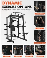 Er Kang Smith Machine with Pec Dec, 2000LBS Squat Rack Chest Fly Machine with Cable System, Workout Weight Cage with Weight Bench, 230LBS Plates, Spot