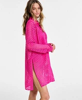 Carmen Marc Valvo Womens Crochet Tunic Swim Cover Up Crochet Scoop Neck One Piece Swimsuit