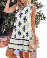 Cupshe Women's Blue Ornate Sleeveless Ruffled Hem Mini Beach Dress