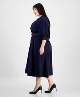 Sandra Darren Plus Button-Down 3/4-Sleeve Belted Dress