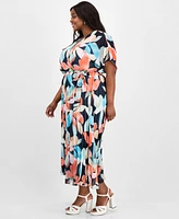 Sandra Darren Plus V-Neck Belted Pleated Maxi Dress