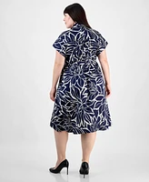 Sandra Darren Plus Floral-Print Tie-Waist Satin Midi Dress