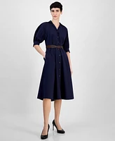 Sandra Darren Petite Belted Button-Down 3/4-Sleeve Shirtdress