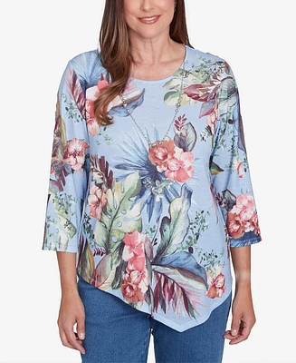 Alfred Dunner Petite Free Spirit Tropical Print Knit Top with Necklace