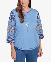 Alfred Dunner Petite Free Spirit Patchwork Sleeve Knit Top with Necklace